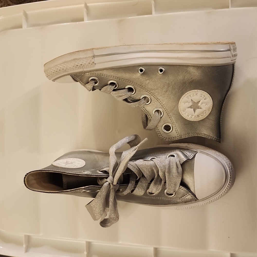 Metallic Faux Leather Silver Converse High Tops with sparkle laces